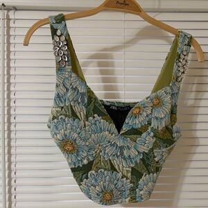 Zara Blue and Green Floral Crop Top size medium